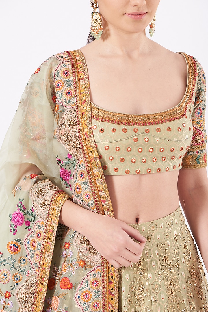 Pista Green Jacquard Bridal Lehenga Set by Debyani at Pernia's Pop Up Shop