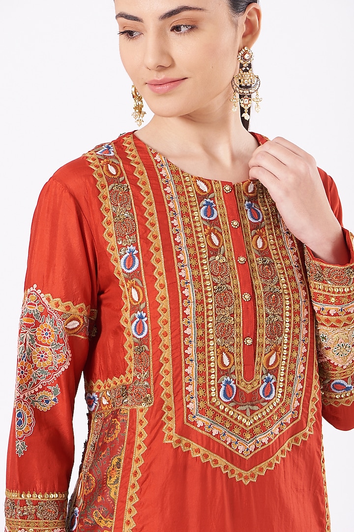 Red Habutai Silk Kurta Set by Debyani at Pernia's Pop Up Shop