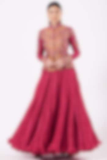 Dark Red Crushed Skirt Set by Debyani