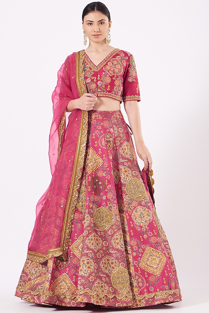 Magenta Silk Chanderi Lehenga Set by Debyani