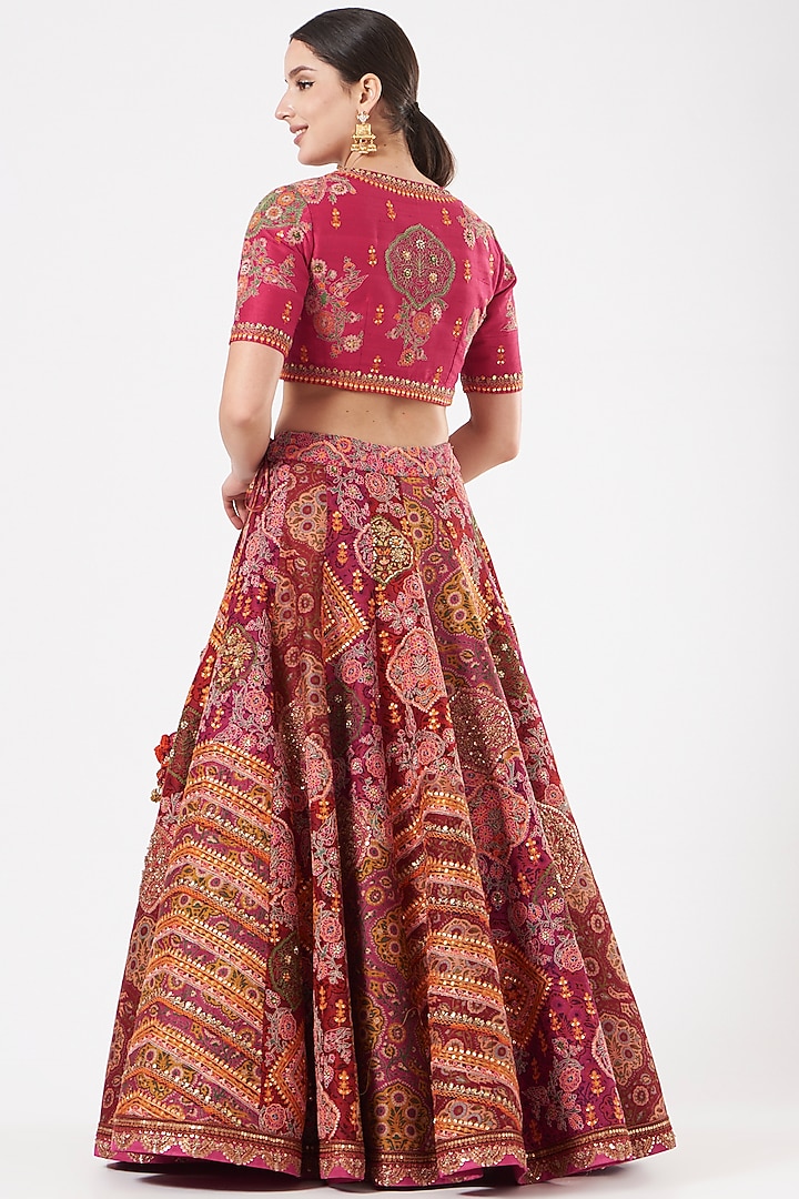 Magenta & Red Embroidered Bridal Lehenga Set by Debyani at Pernia's Pop Up Shop