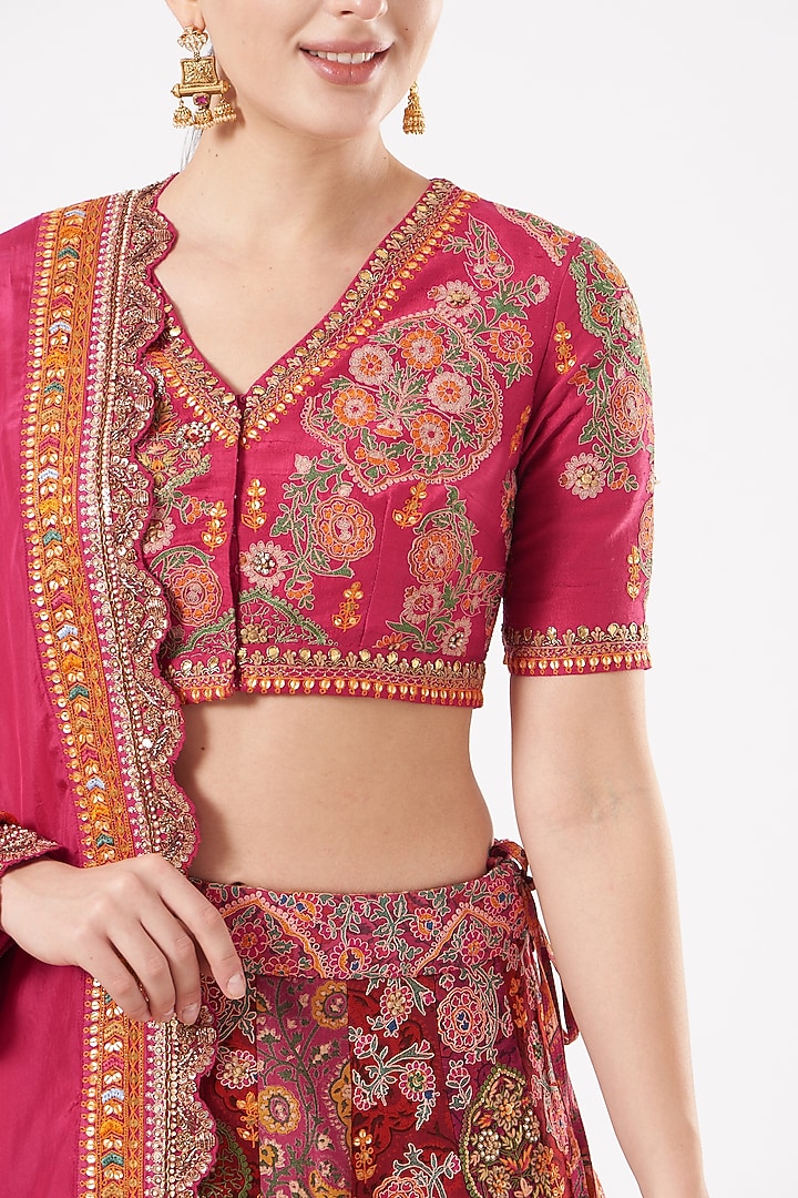 Magenta & Red Embroidered Bridal Lehenga Set by Debyani at Pernia's Pop Up Shop
