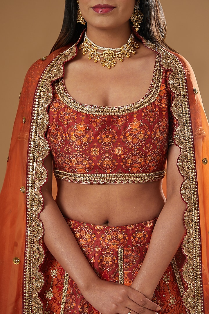 Orange Chanderi Embroidered Bridal Lehenga Set by Debyani at Pernia's Pop Up Shop