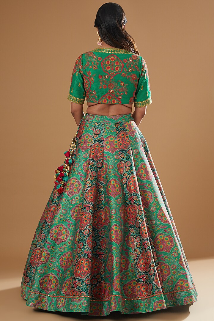 Green & Blue Chanderi Printed Wedding Lehenga Set by Debyani at Pernia's Pop Up Shop