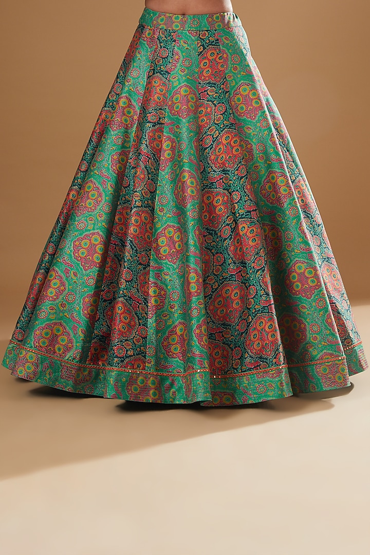 Green & Blue Chanderi Printed Wedding Lehenga Set by Debyani at Pernia's Pop Up Shop