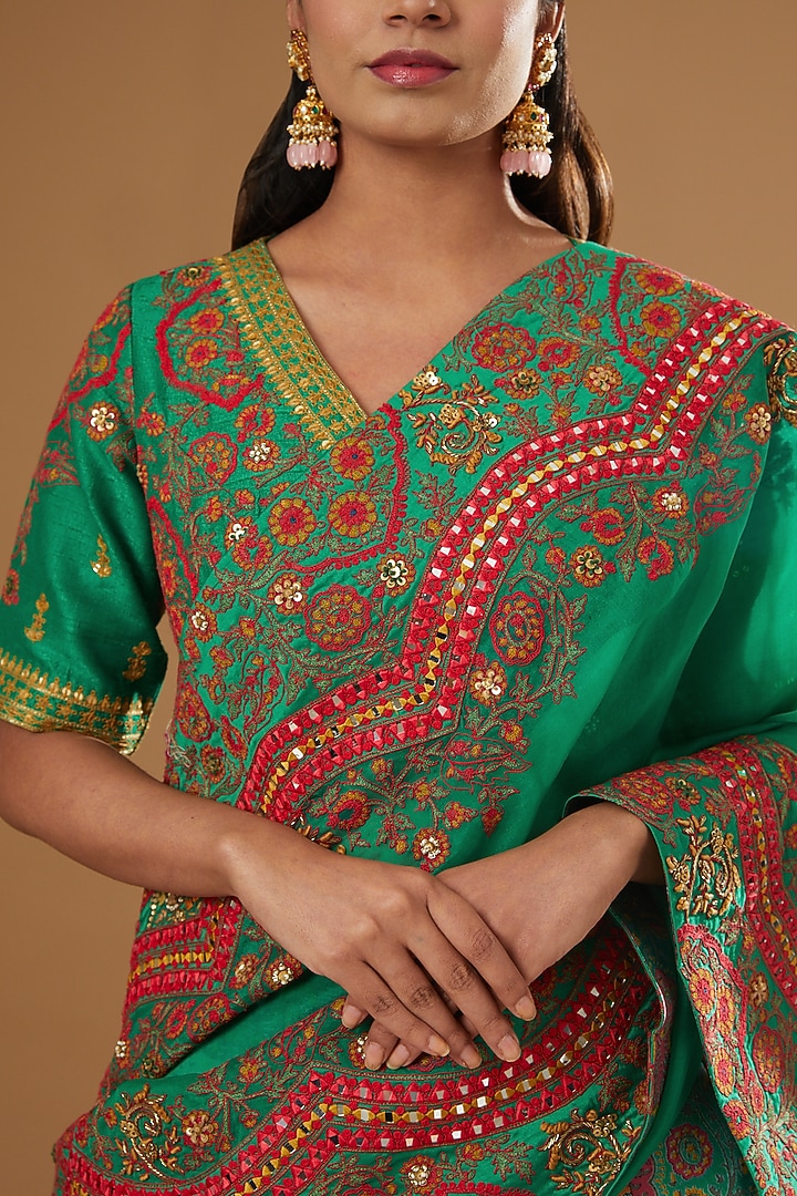 Green & Blue Chanderi Printed Wedding Lehenga Set by Debyani at Pernia's Pop Up Shop