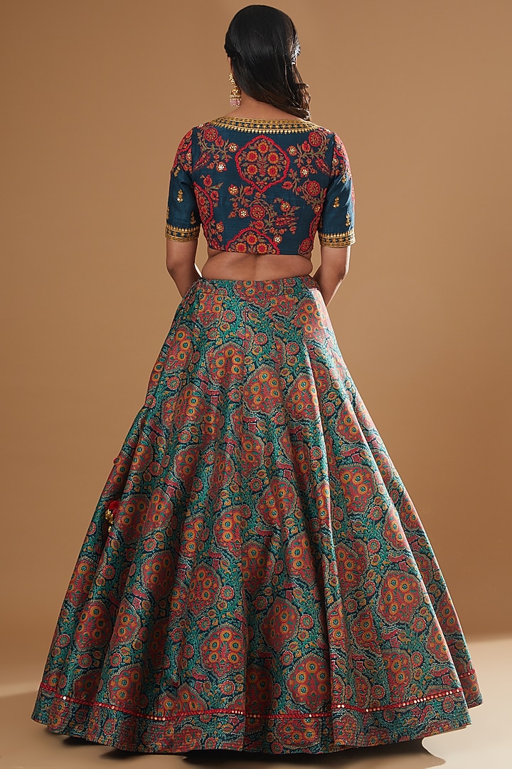 Blue Chanderi Printed Wedding Lehenga Set by Debyani at Pernia's Pop Up Shop