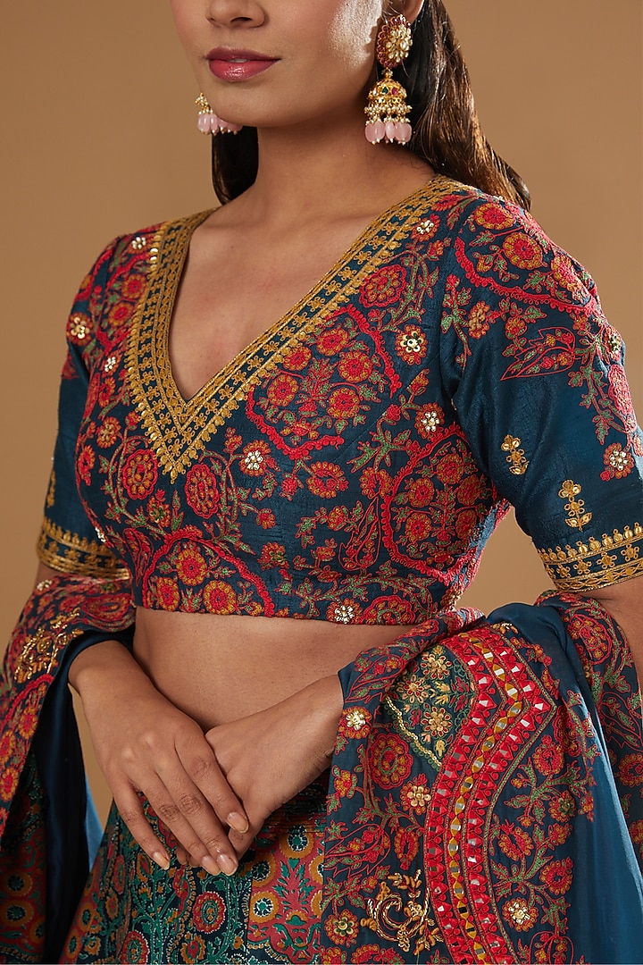 Blue Chanderi Printed Wedding Lehenga Set by Debyani at Pernia's Pop Up Shop