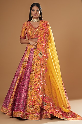 Orange & Magenta Chanderi Printed Lehenga Set by Debyani