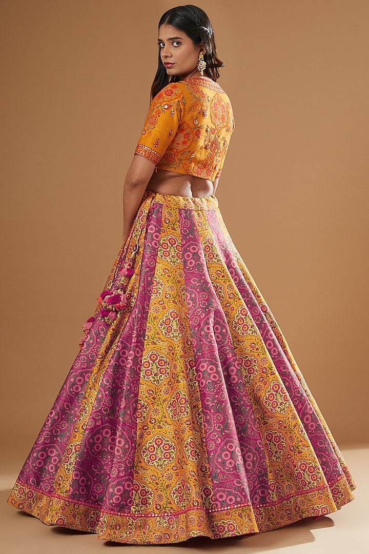 Orange & Magenta Chanderi Printed Wedding Lehenga Set by Debyani at Pernia's Pop Up Shop