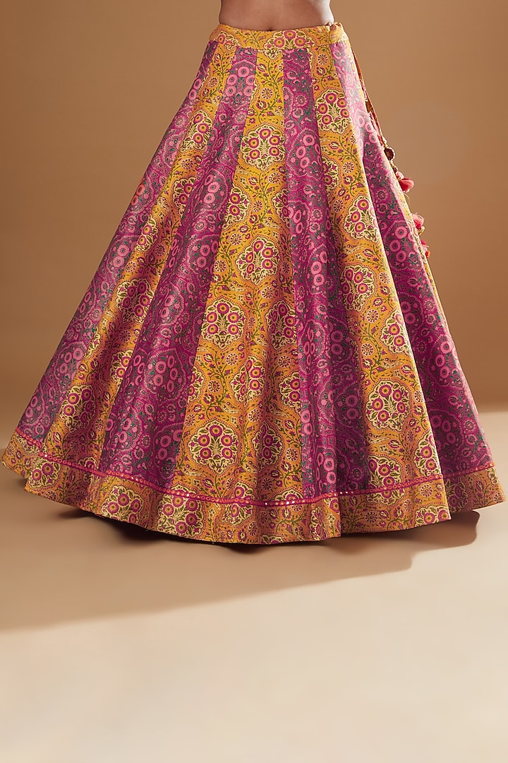 Orange & Magenta Chanderi Printed Wedding Lehenga Set by Debyani at Pernia's Pop Up Shop