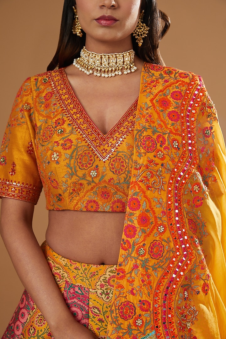 Orange & Magenta Chanderi Printed Wedding Lehenga Set by Debyani at Pernia's Pop Up Shop