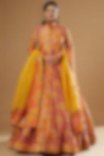 Orange Chanderi Printed Anarkali Set by Debyani at Pernia's Pop Up Shop