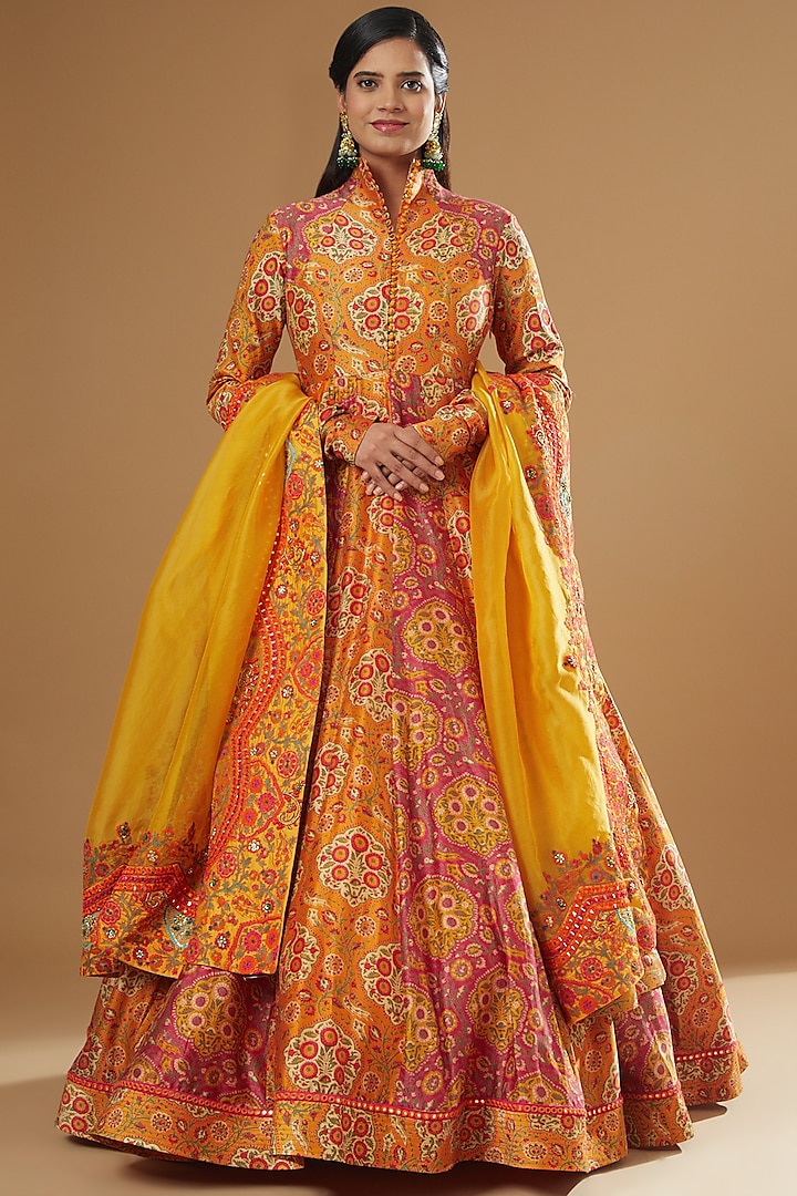 Orange Chanderi Printed Anarkali Set by Debyani at Pernia's Pop Up Shop