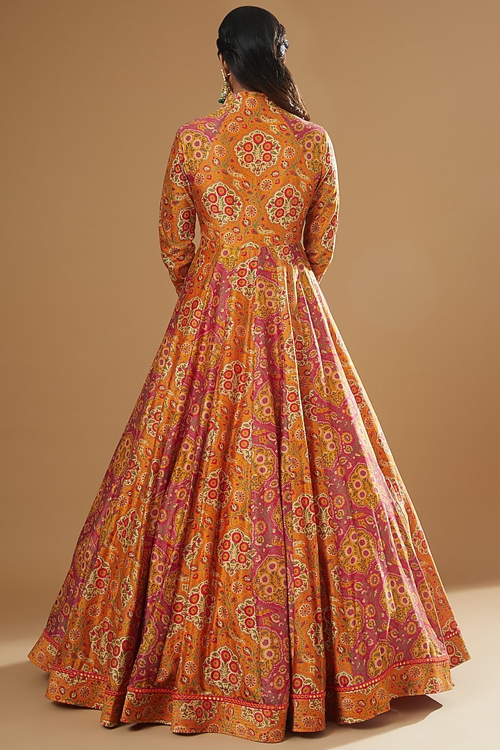 Orange Chanderi Printed Bridal Anarkali Set by Debyani at Pernia's Pop Up Shop