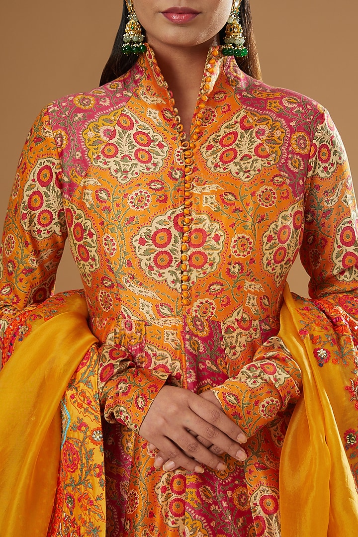 Orange Chanderi Printed Bridal Anarkali Set by Debyani at Pernia's Pop Up Shop