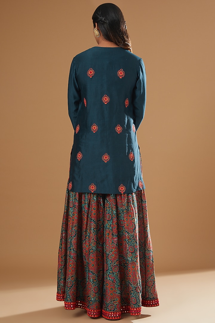 Blue Chanderi Printed Bridal Sharara Set by Debyani at Pernia's Pop Up Shop