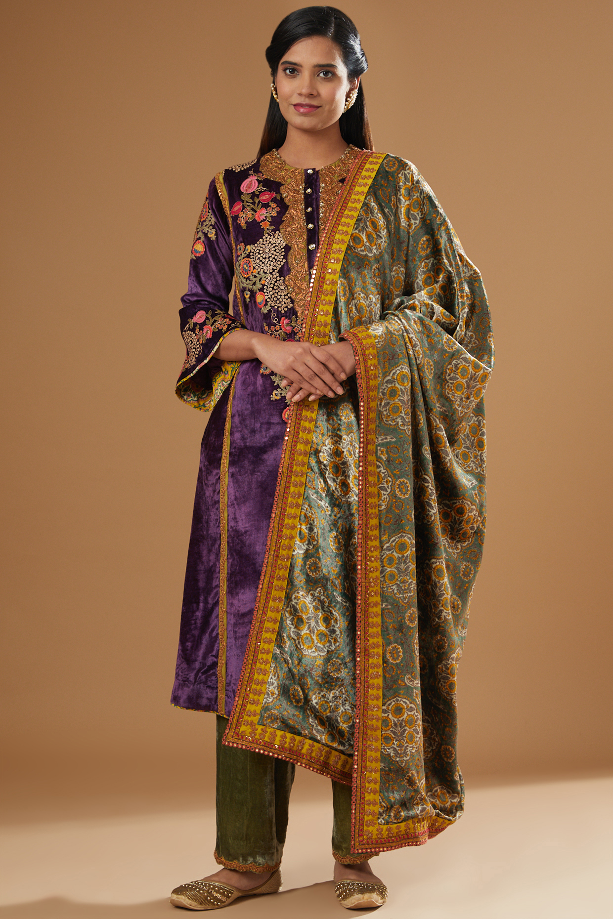 Purple Velvet Embroidered Kurta Set by Debyani