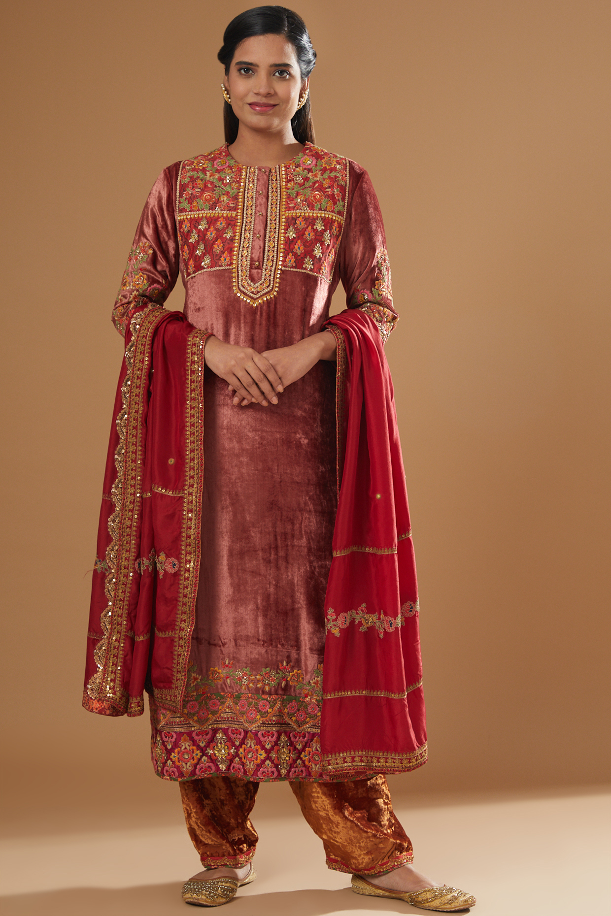 Rust Velvet Embroidered Kurta Set by Debyani