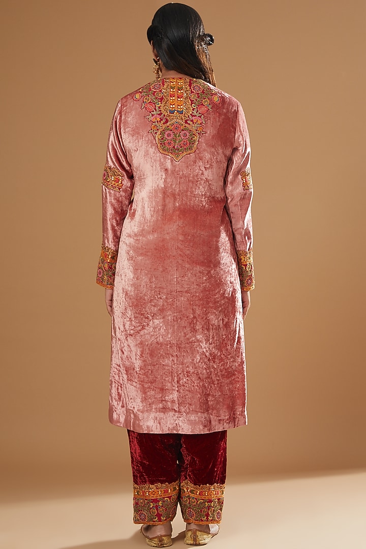 Women Pink Neck Embroidered Velvet Gathered Kurta main image 0