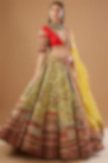 Yellow Raw Silk & Mulmul Bridal Lehenga Set by Debyani at Pernia's Pop Up Shop