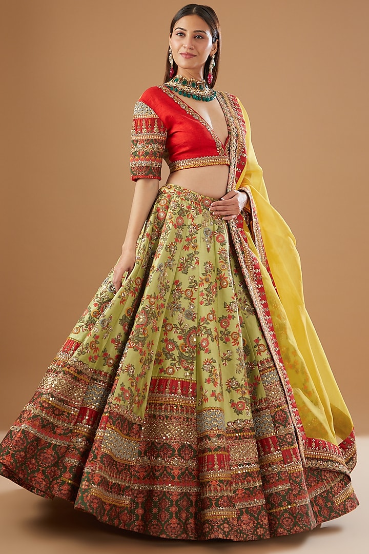 Yellow Raw Silk & Mulmul Bridal Lehenga Set by Debyani at Pernia's Pop Up Shop