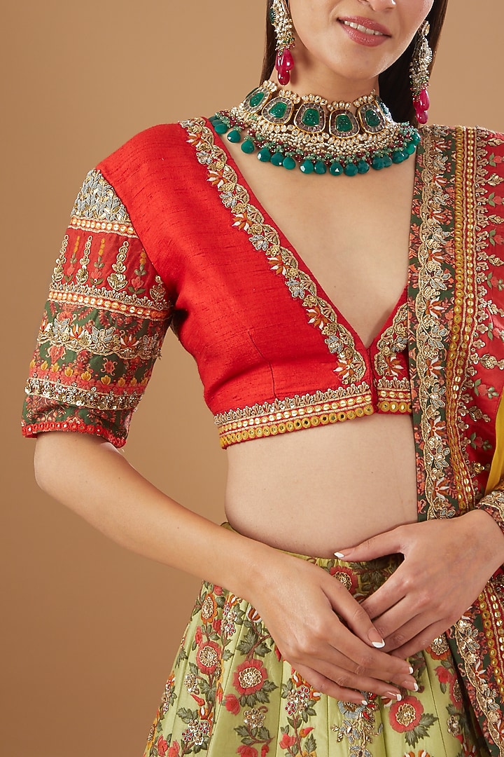 Yellow Raw Silk & Mulmul Bridal Lehenga Set by Debyani at Pernia's Pop Up Shop