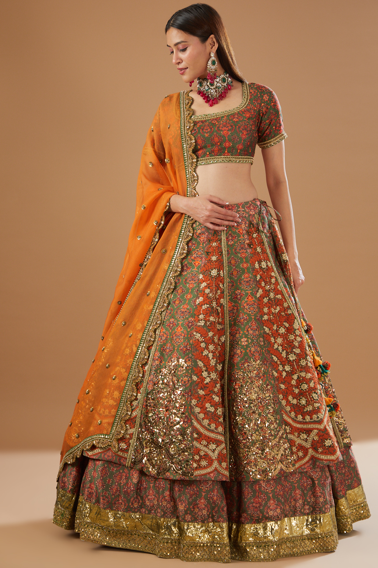 Brown Chanderi & Mulmul Bridal Lehenga Set by Debyani at Pernia's Pop Up Shop