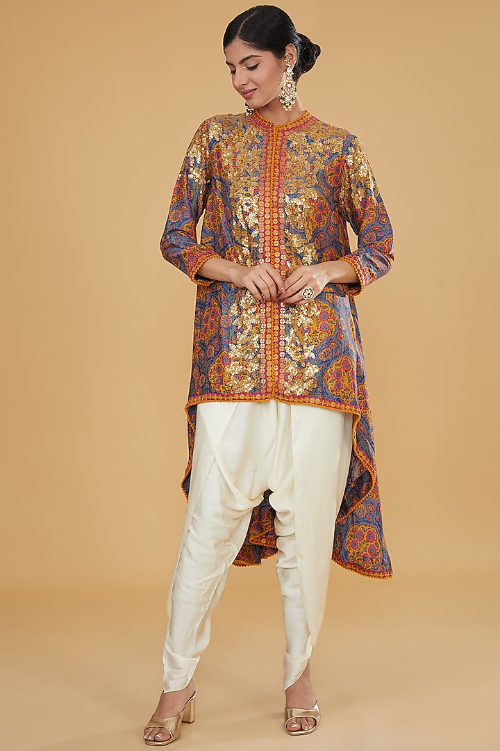 Multi-Colored Chanderi Sequins Jacket Set by Debyani