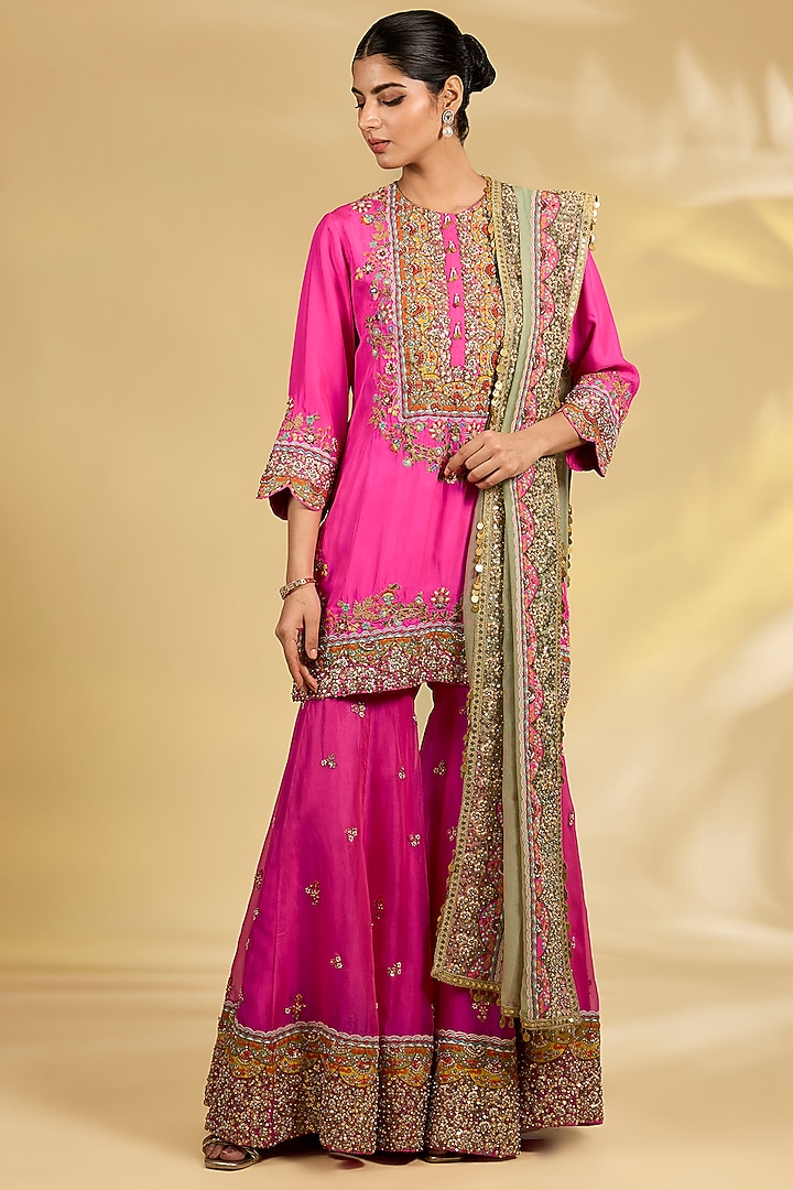Pink Silk Hand & Machine Embroidered Bridal Sharara Set by Debyani at Pernia's Pop Up Shop