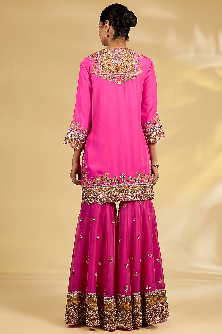 Pink Silk Hand & Machine Embroidered Bridal Sharara Set by Debyani at Pernia's Pop Up Shop