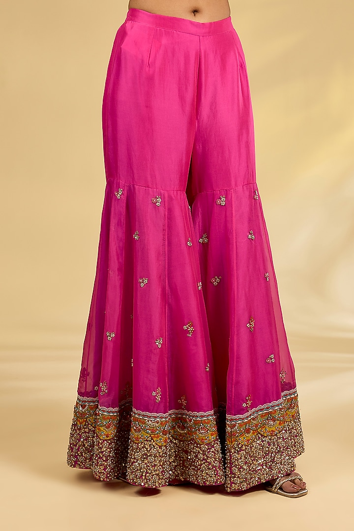 Pink Silk Hand & Machine Embroidered Bridal Sharara Set by Debyani at Pernia's Pop Up Shop