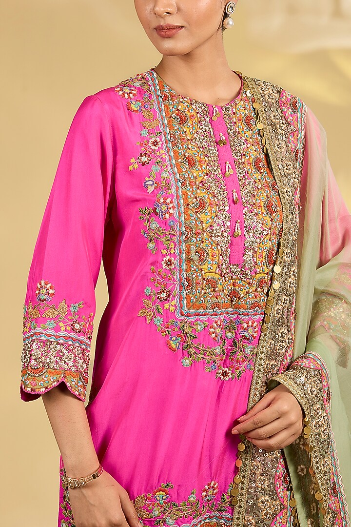 Pink Silk Hand & Machine Embroidered Bridal Sharara Set by Debyani at Pernia's Pop Up Shop