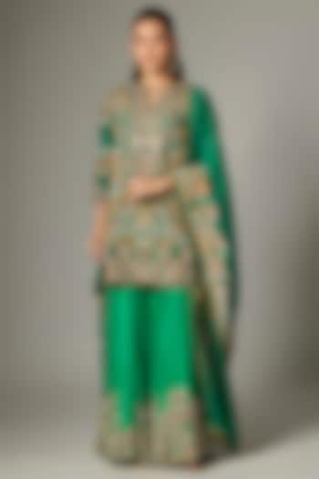 Green Silk Hand & Machine Embroidered Bridal Sharara Set by Debyani at Pernia's Pop Up Shop