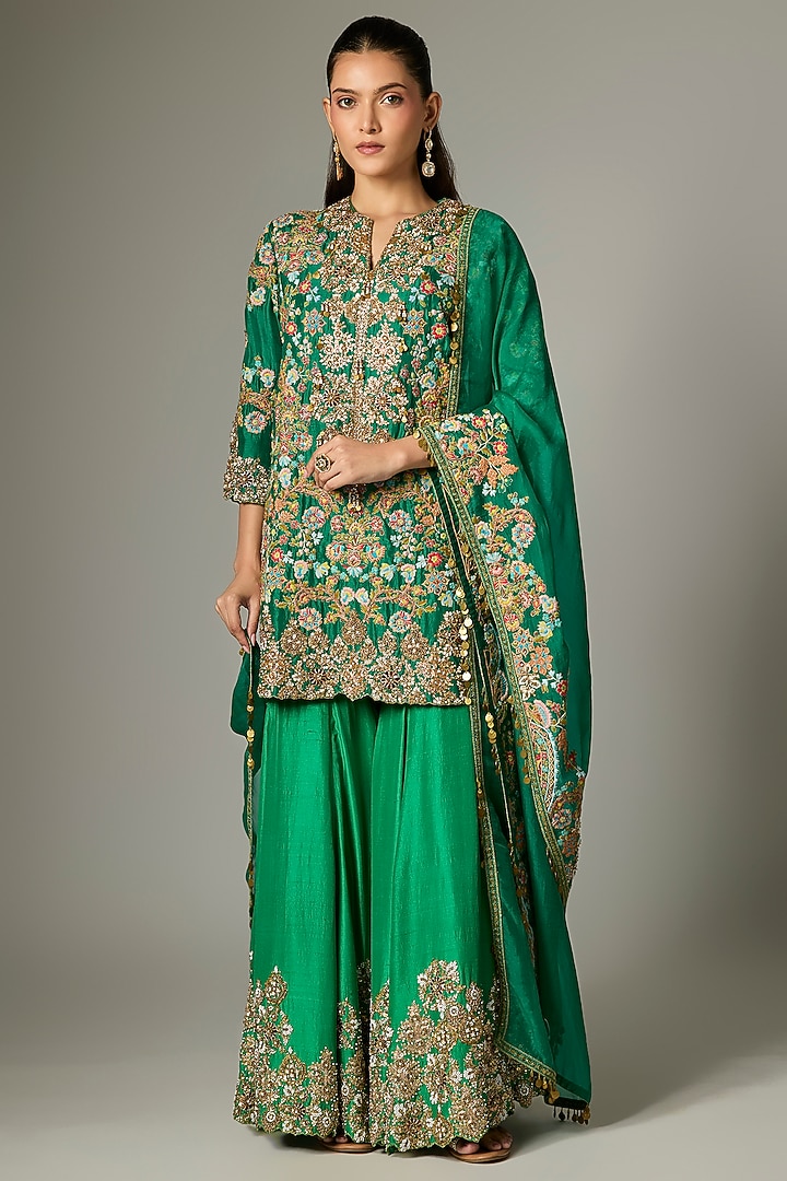 Green Silk Hand & Machine Embroidered Bridal Sharara Set by Debyani at Pernia's Pop Up Shop
