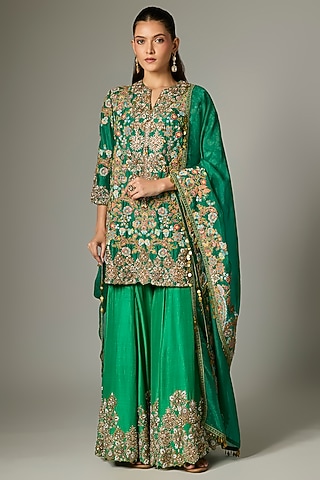Green Silk Hand & Machine Embroidered Sharara Set by Debyani