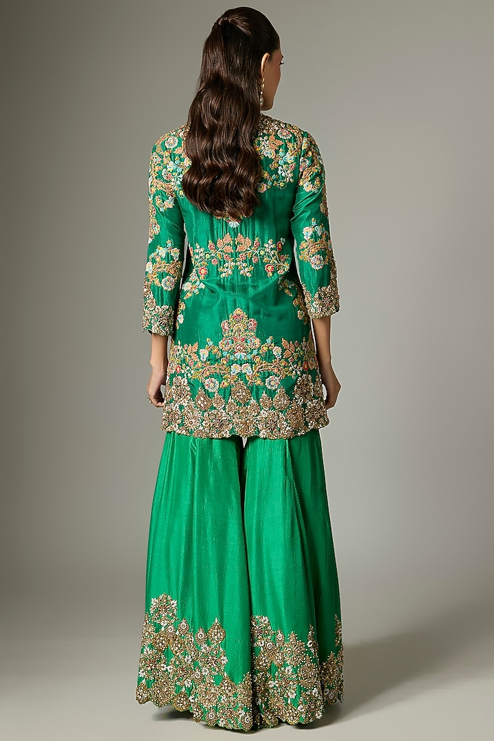 Green Silk Hand & Machine Embroidered Bridal Sharara Set by Debyani at Pernia's Pop Up Shop