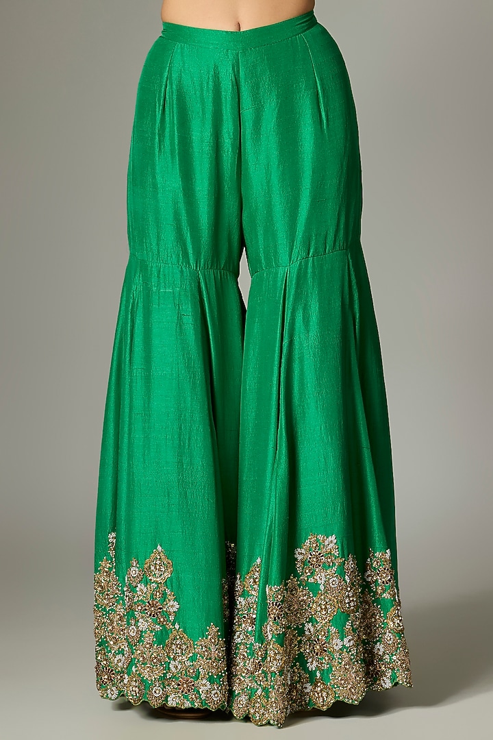 Green Silk Hand & Machine Embroidered Bridal Sharara Set by Debyani at Pernia's Pop Up Shop