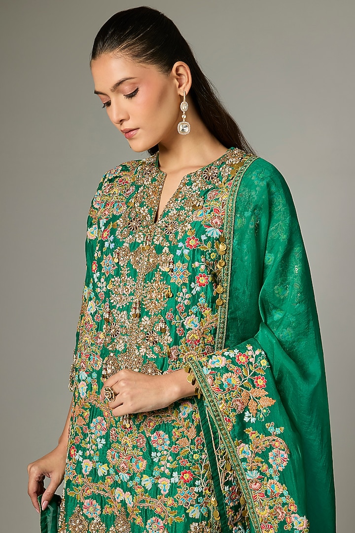 Green Silk Hand & Machine Embroidered Bridal Sharara Set by Debyani at Pernia's Pop Up Shop
