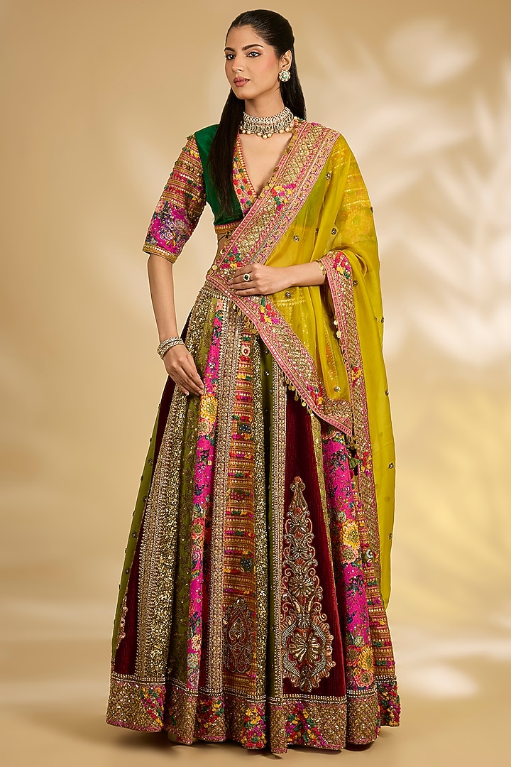 Multi-Colored Chanderi Hand & Machine Embroidered Bridal Lehenga Set by Debyani at Pernia's Pop Up Shop