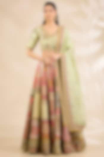 Multi-Colored Chanderi Printed & Embroidered Bridal Lehenga Set by Debyani at Pernia's Pop Up Shop