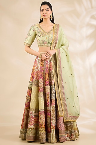 Multi-Colored Chanderi Printed & Embroidered Lehenga Set by Debyani