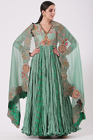 Blue Crinkled Anarkali Set by Debyani