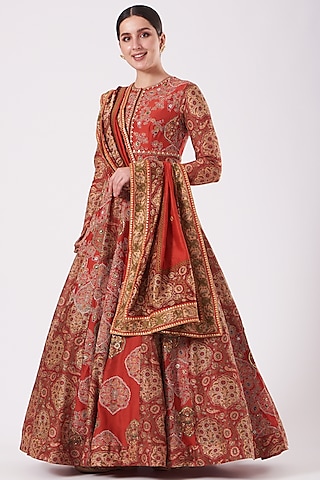 Red Printed Anarkali Set by Debyani
