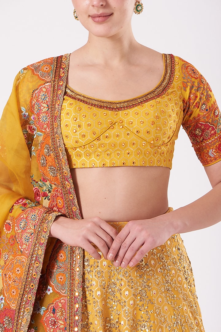 Yellow Jacquard Bridal Lehenga Set by Debyani at Pernia's Pop Up Shop
