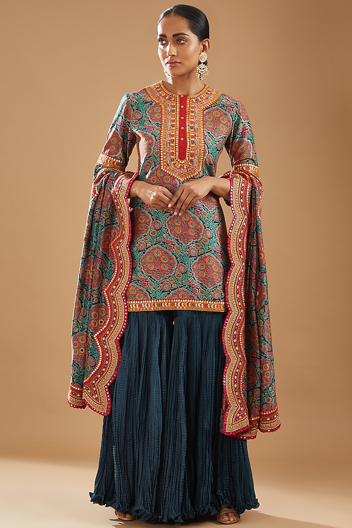 Blue Crushed Wedding Sharara Set by Debyani at Pernia's Pop Up Shop