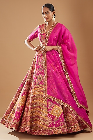 Pink Chanderi Thread Embroidered Lehenga Set by Debyani