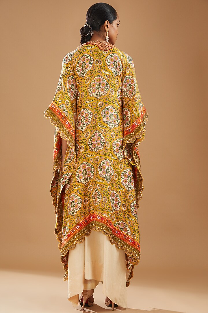 Yellow Chanderi Printed Cape Set by Debyani at Pernia's Pop Up Shop