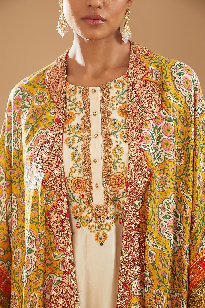 Yellow Chanderi Printed Cape Set by Debyani at Pernia's Pop Up Shop