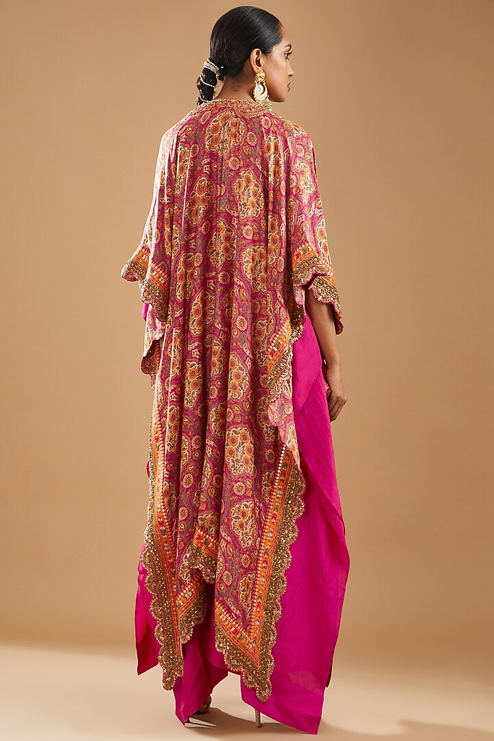 Pink Chanderi Printed Cape Set by Debyani at Pernia's Pop Up Shop